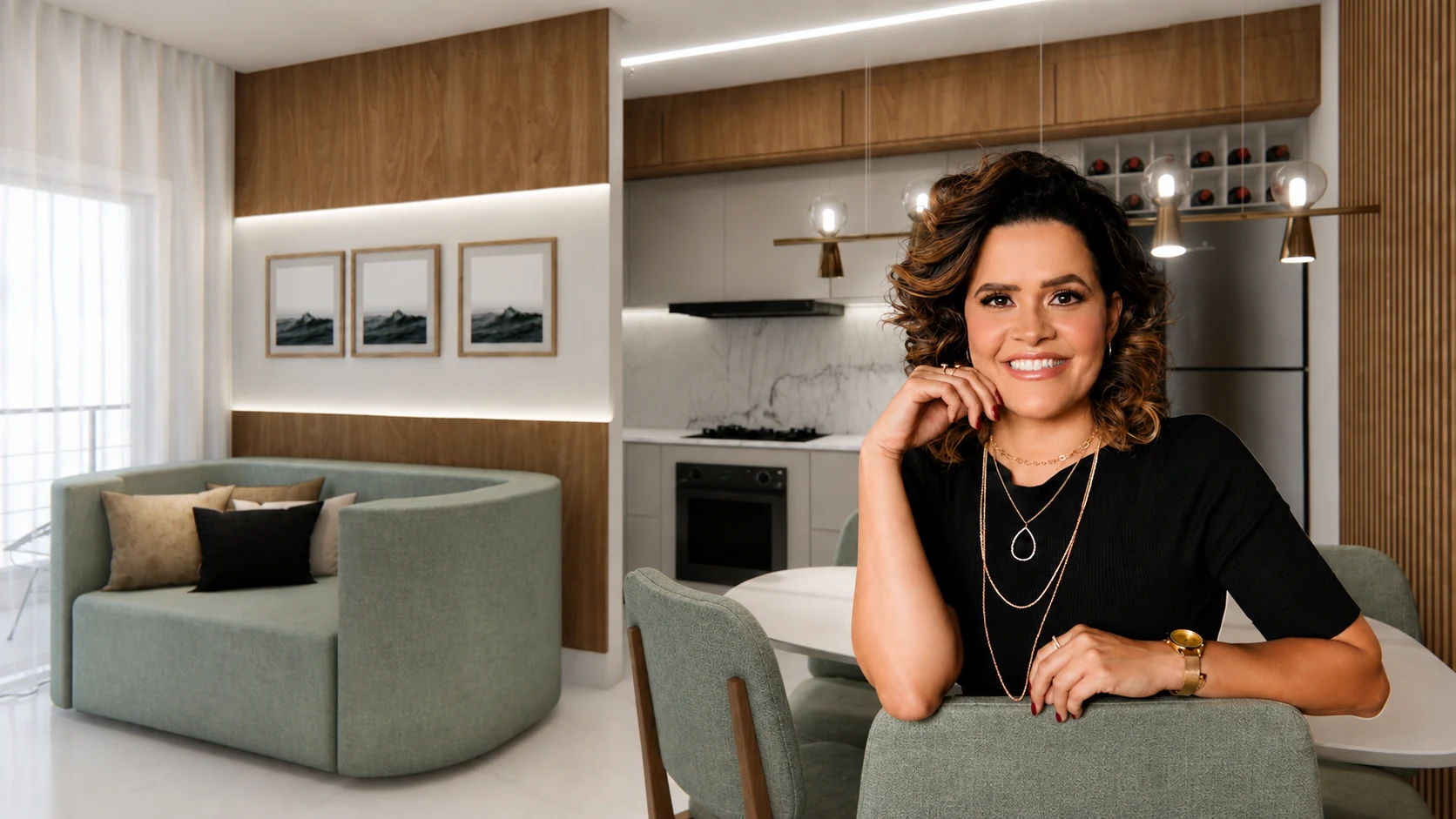 Larissa Neves em uma composição no ambiente de estar e cozinha do Studio Simetria