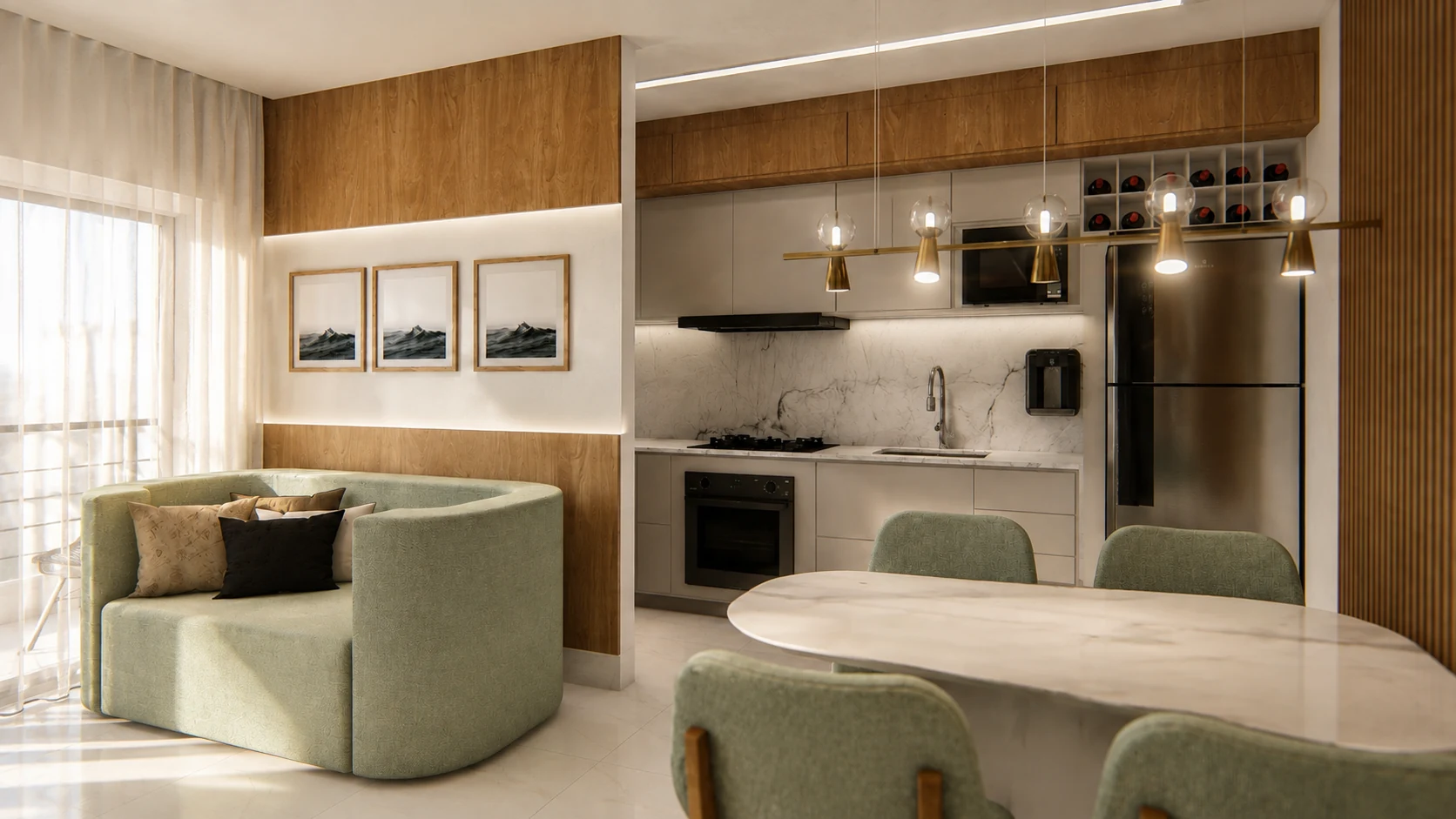 Sala e cozinha integradas, sofá verde, marcenaria de madeira e bancada clara