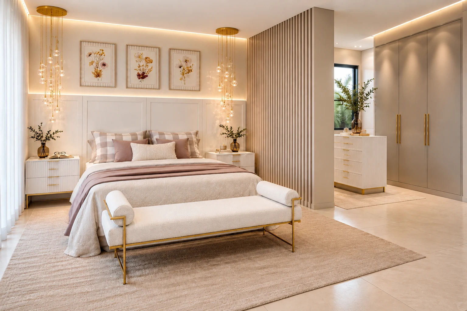 Suíte clara com cama em tons rosados, painel ripado, closet e pendentes dourados