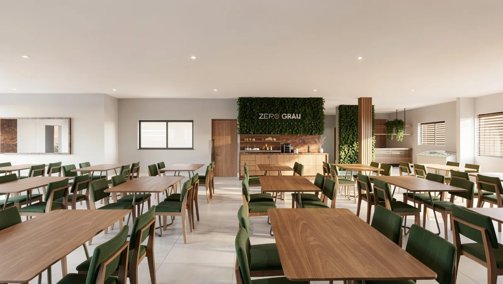 Salão do restaurante com mesas de madeira, cadeiras verdes e jardim vertical